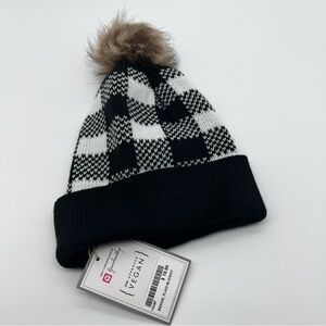 JEN & CO Vegan Black and White Checkered Women's Beanie with Pom Pom | NWT